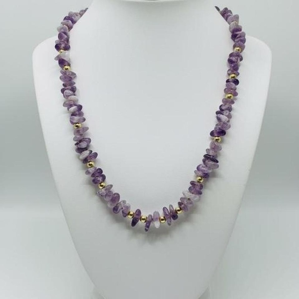Amethyst Chip Bead Necklace Gold Tone Accent Clasp Gemstone Jewelry Multicolor